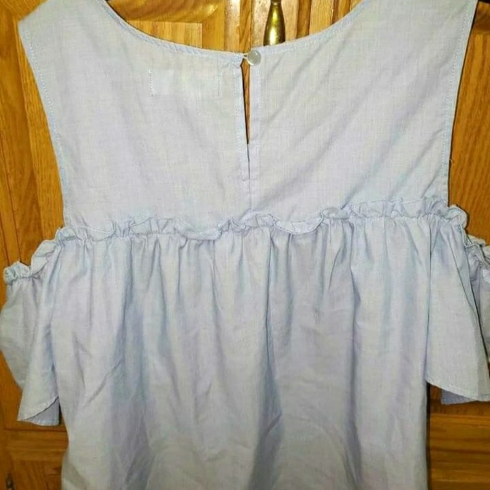 Womens sz XXL blue white pinstripe no comment could shoulder top - Picture 2 of 7